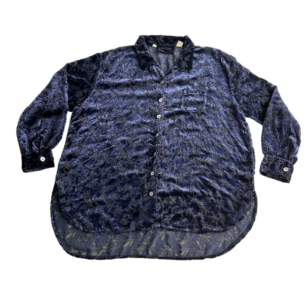 Kiko‎ VTG Floral Burnout Velvet Scoop Hem Button Down Navy Tunic Shirt OS